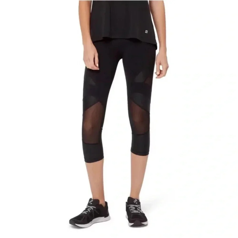 Sweaty Betty Black Power Wetlook Mesh Workout Crop Leggings Women’s Size Small